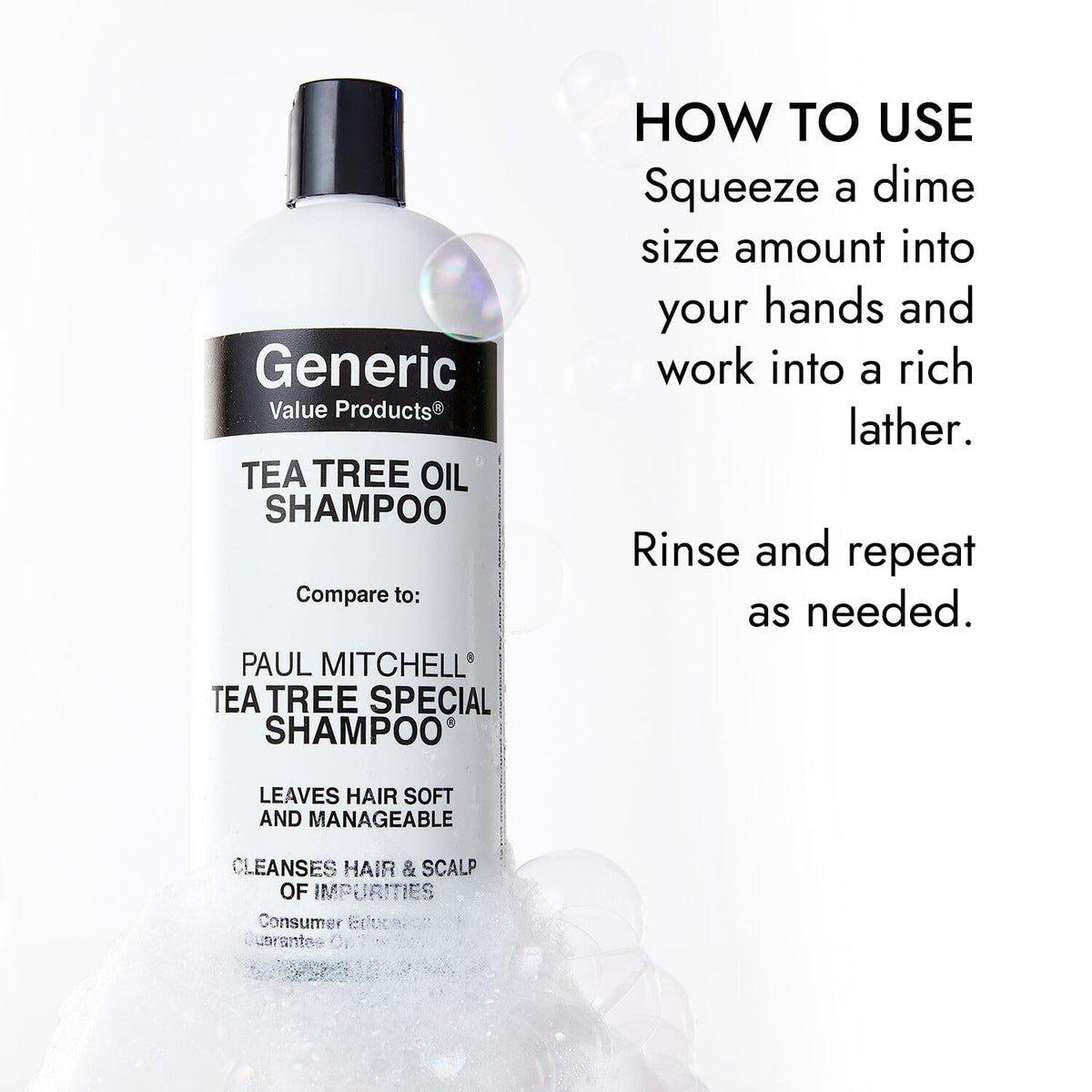 Generic Value Products shampoo being applied in shower for revitalizing feel