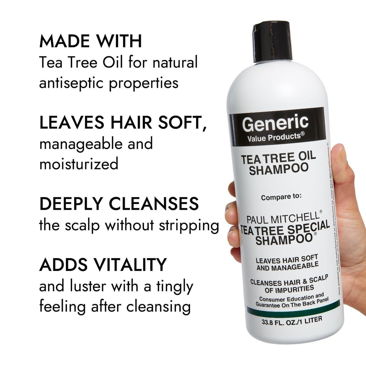 Generic Value Products ingredient label close-up highlighting tea tree benefit