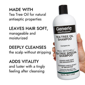 Generic Value Products ingredient label close-up highlighting tea tree benefit