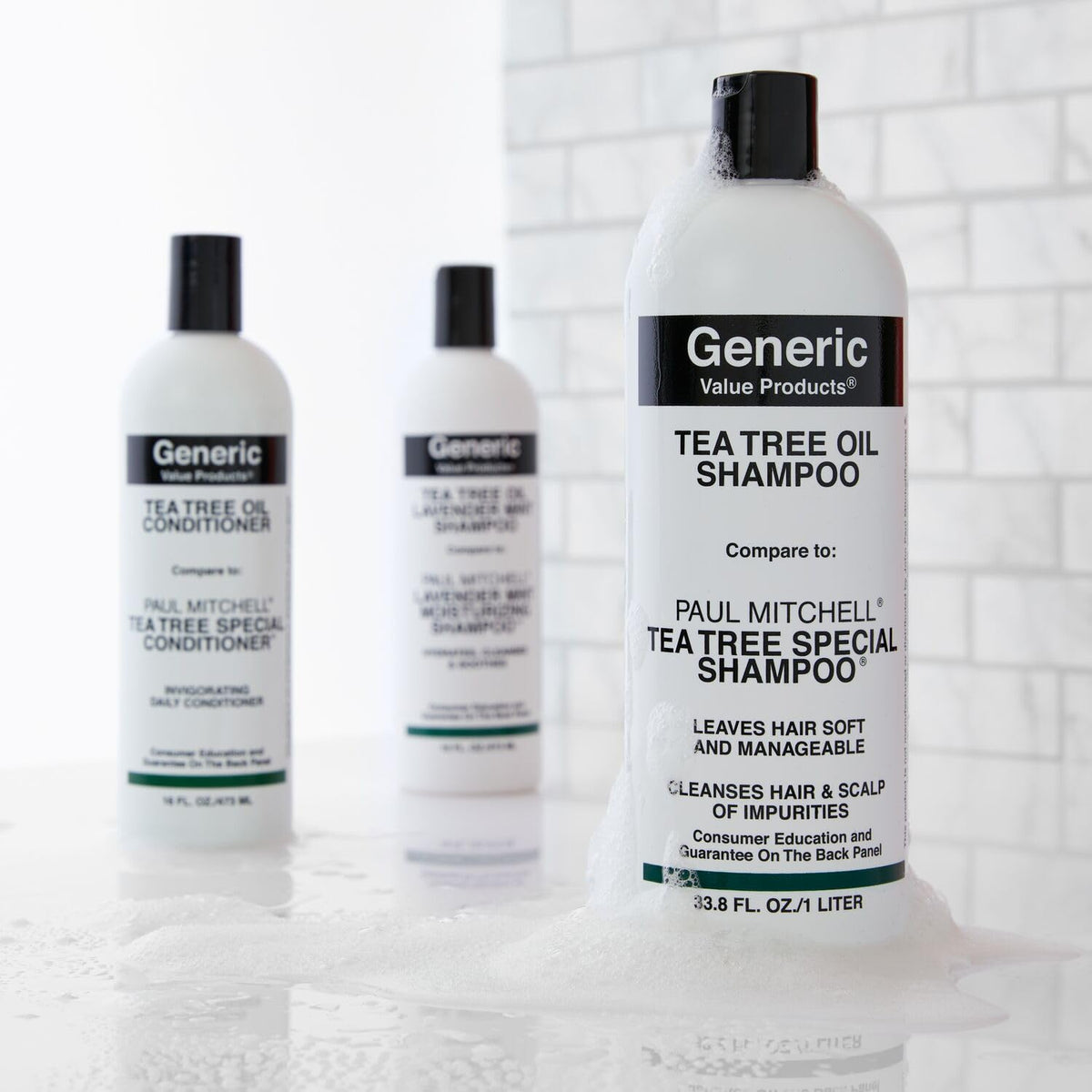 Generic Value Products bottle on bathroom shelf conveying salon-size value