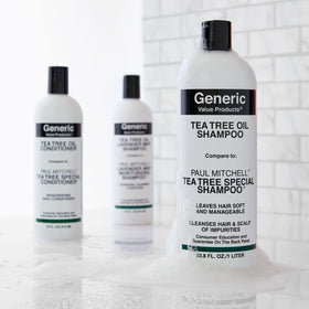 Generic Value Products bottle on bathroom shelf conveying salon-size value