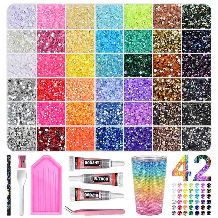 Gybver front packaging showing 42,000 rhinestones and included tools for instant crafting