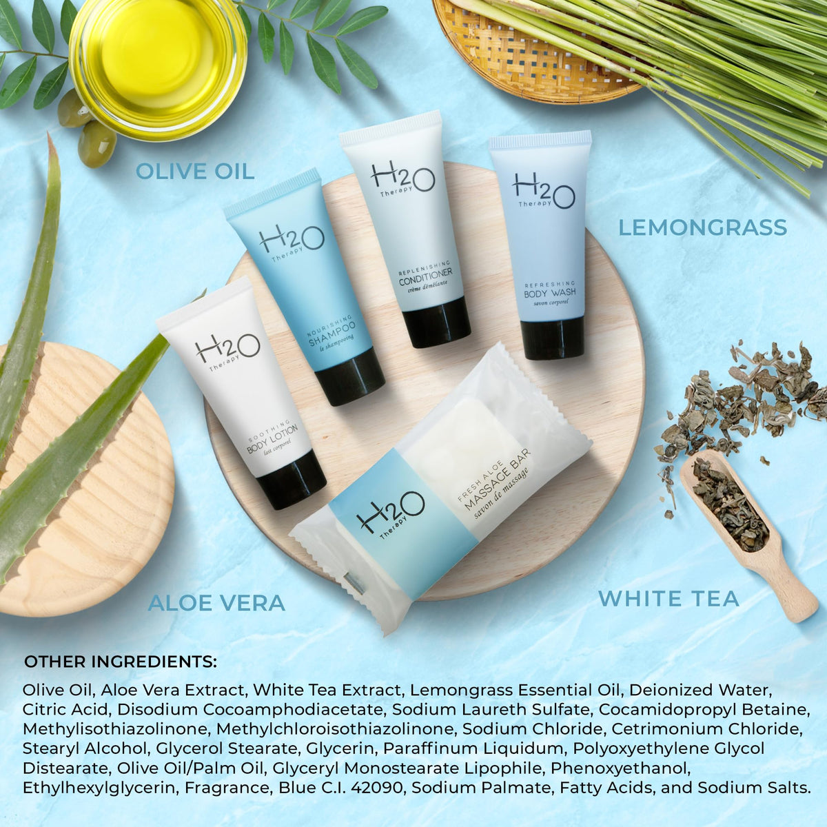 H2O Therapy toiletries styled in a hotel bathroom suggesting guest-ready presentation