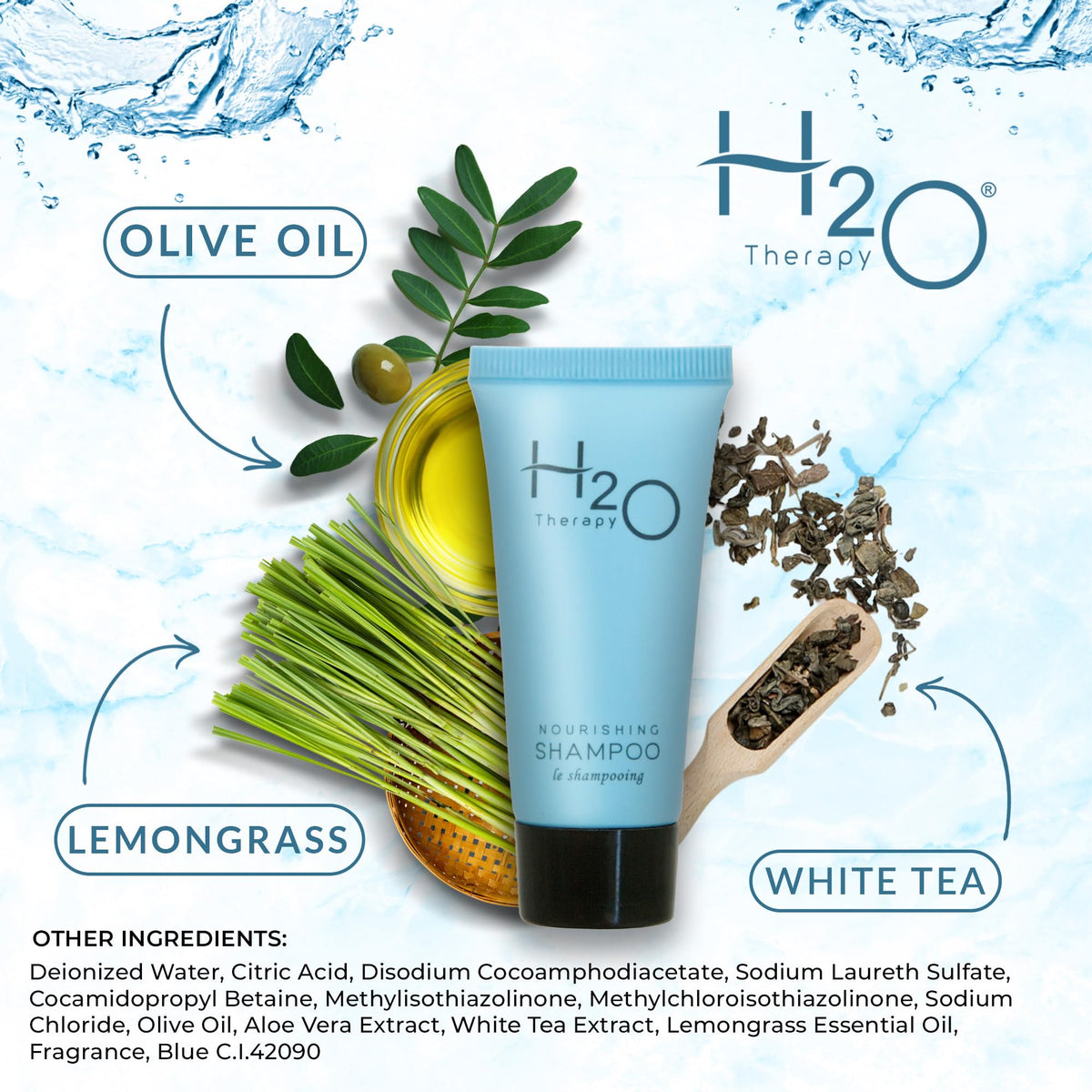 H2O Therapy bottle in hand showing .85 oz travel size for guest convenience