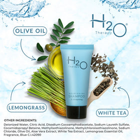 H2O Therapy bottle in hand showing .85 oz travel size for guest convenience