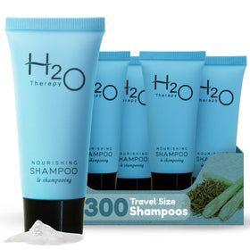 H2O Therapy front display of multiple travel shampoo bottles for easy restocking