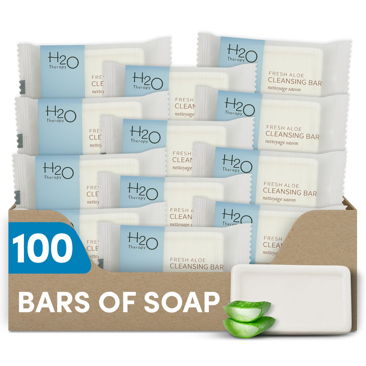 H2O Therapy front packaging showing box of 100 travel bars for easy restock
