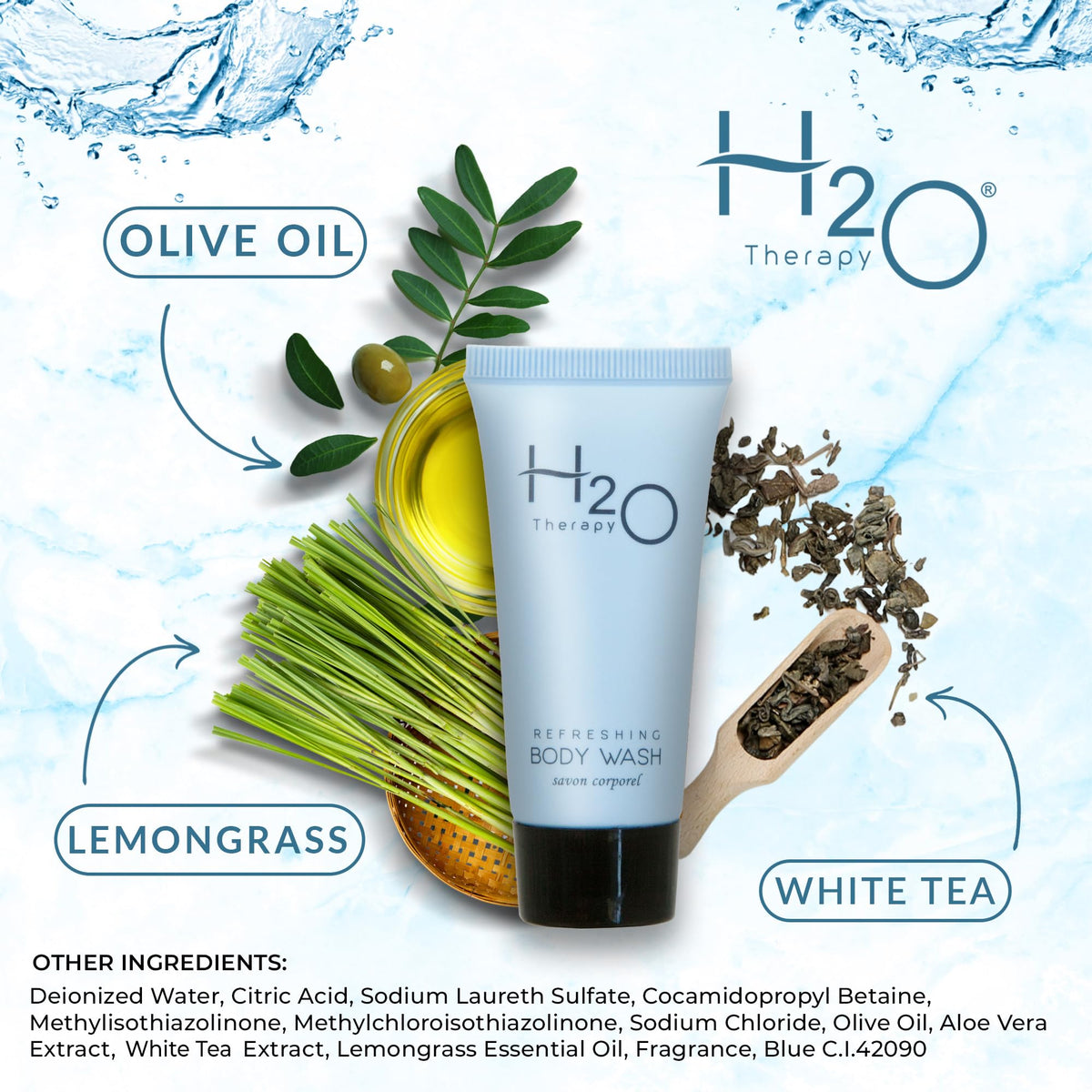 H2O Therapy bottles staged in a hotel bathroom creating a welcoming guest experience