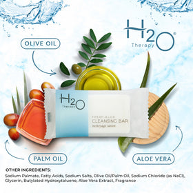 H2O Therapy bar on bathroom tray creating a tidy guest-ready display