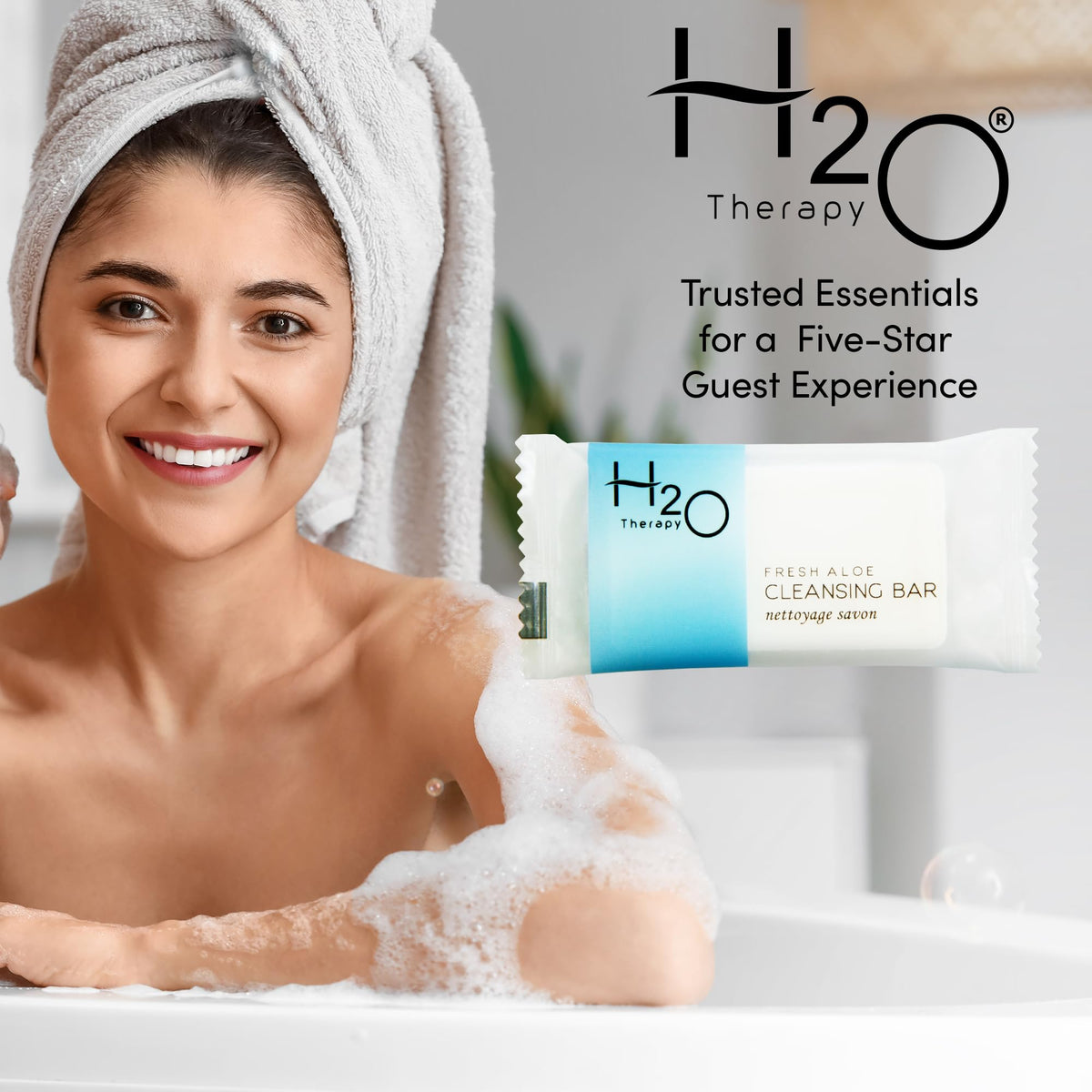 H2O Therapy bar in hand illustrating scale and easy guest handling