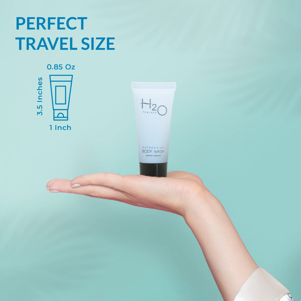 H2O Therapy held in hand to show compact 0.85 oz travel size for easy storage