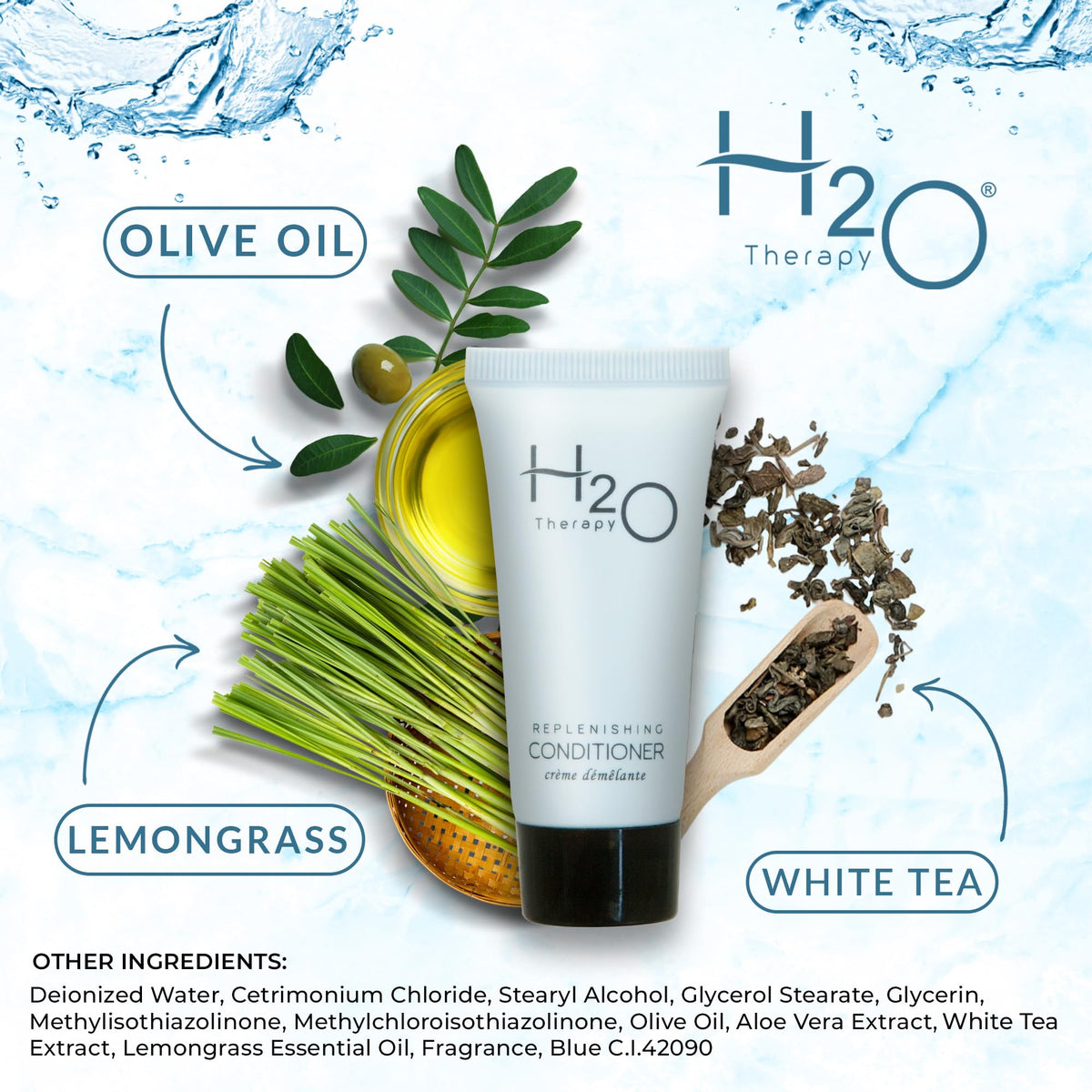 H2O Therapy creamy conditioner texture pour highlighting aloe and olive oil benefits