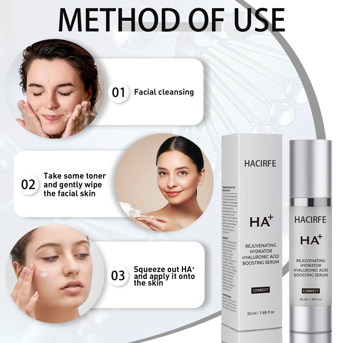 HACIRFE bottle staged in bathroom routine showing easy layering benefit