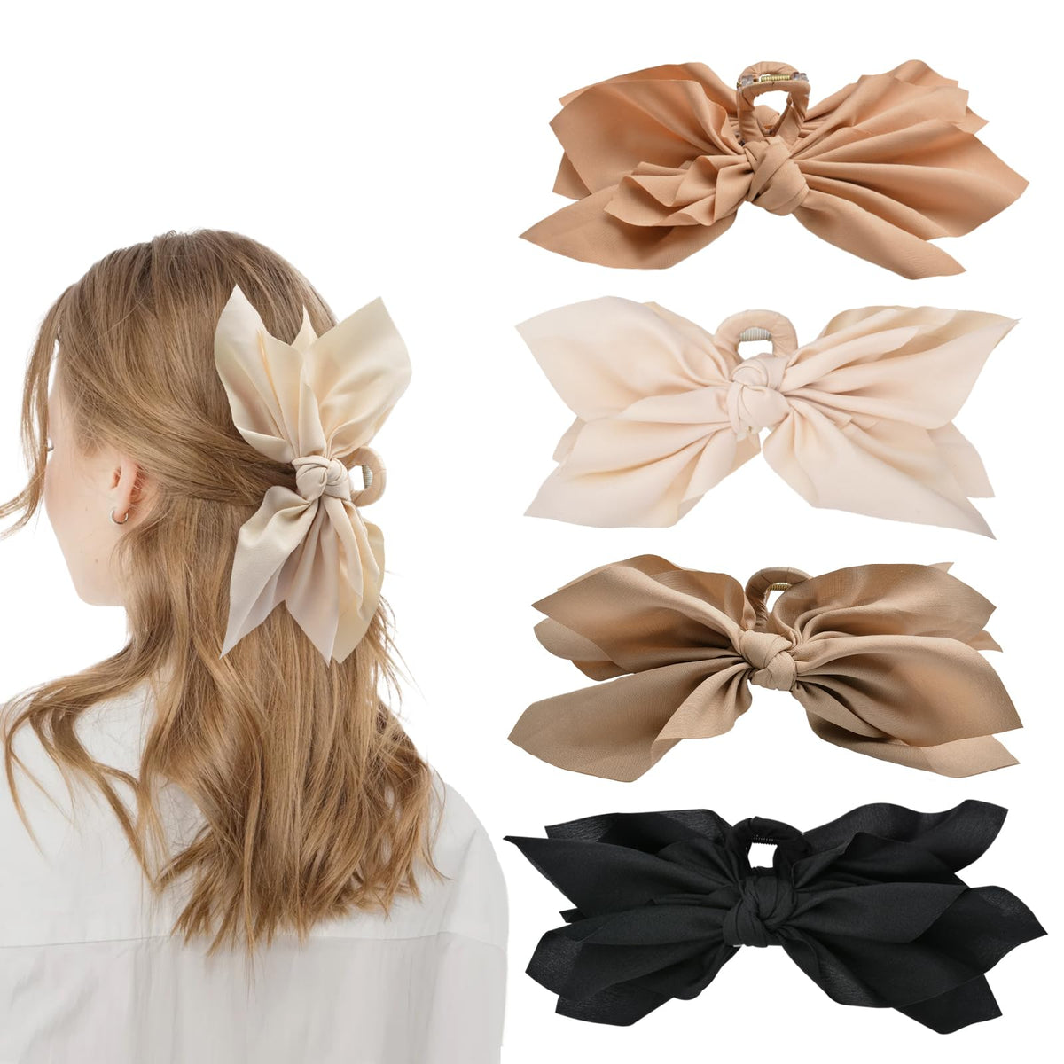 hadutrek front view of four bow clips showing elegant satin finish and secure grip