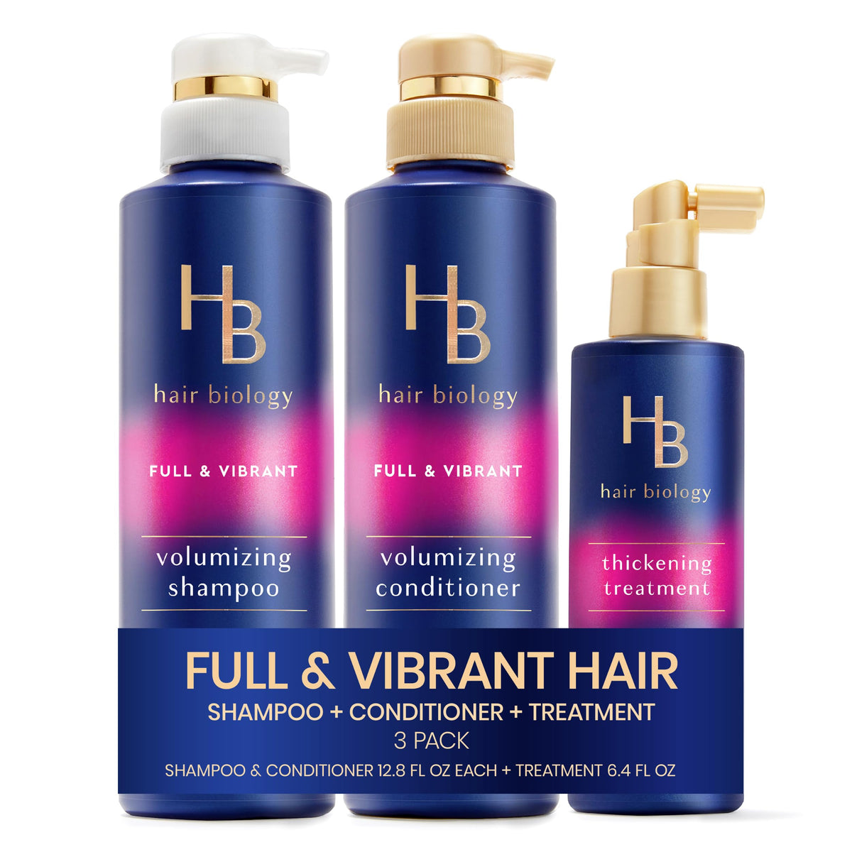 Hair Biology front packaging trio showing set and fuller look benefits