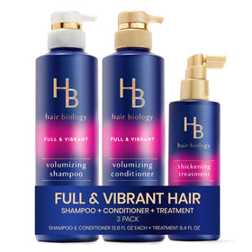 Hair Biology front packaging trio showing set and fuller look benefits
