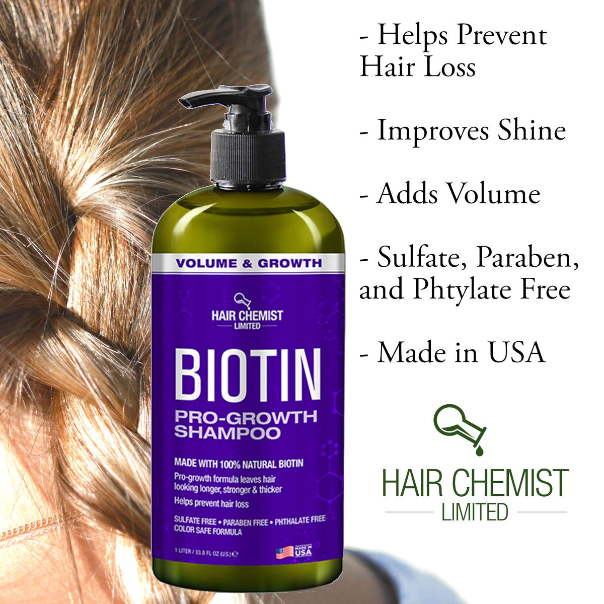 Hair Chemist label closeup highlighting biotin formula and strength benefits