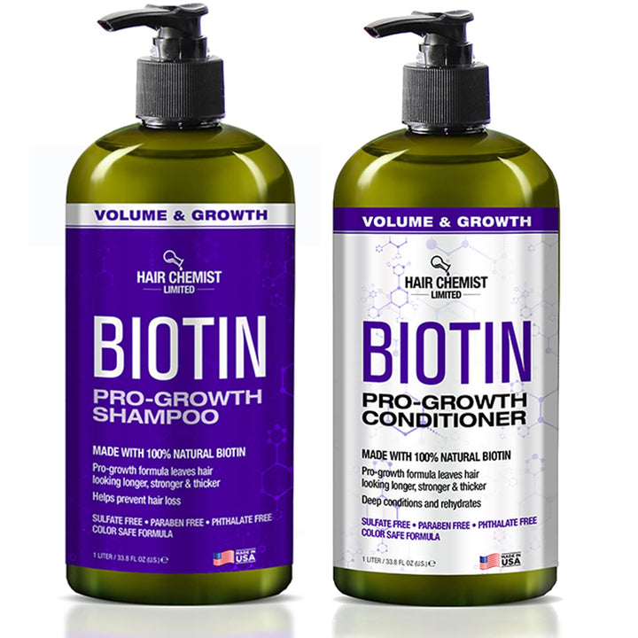 Hair Chemist front packaging duo showing large biotin bottles and clear benefits