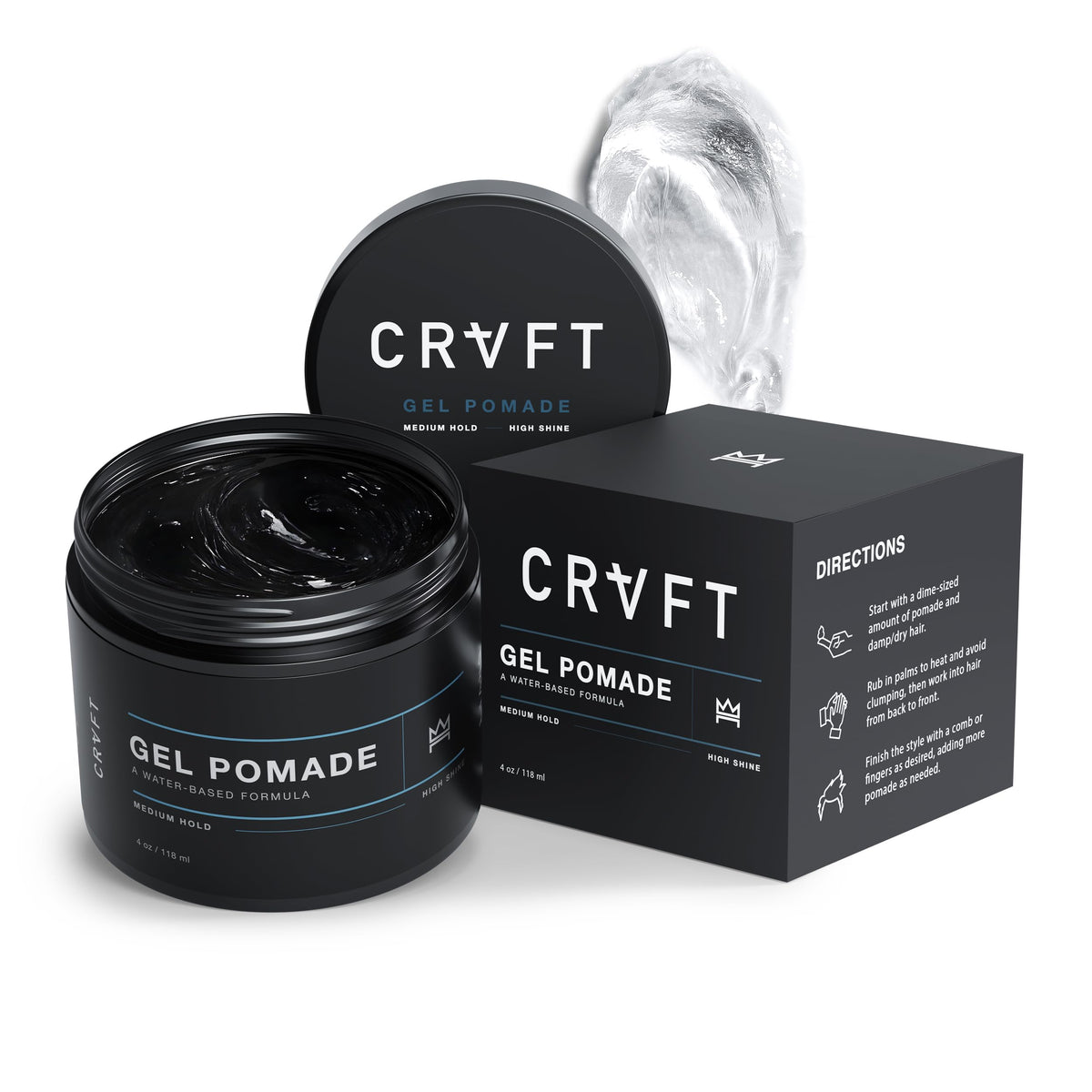 Hair Craft Co. jar front view showing clear gel and branding benefit of visible product