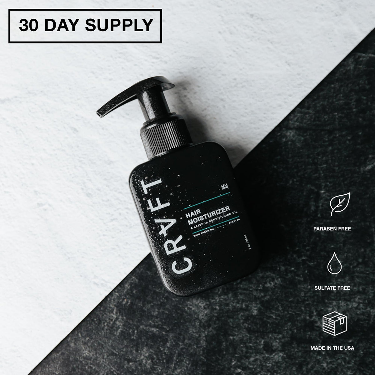 Hair Craft Co. bottle on bathroom vanity suggesting daily grooming routine benefit