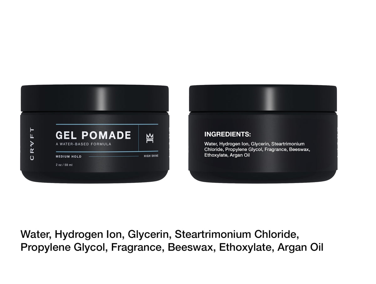 Hair Craft Co. CRVFT Pomade on bathroom vanity among grooming items for daily routine