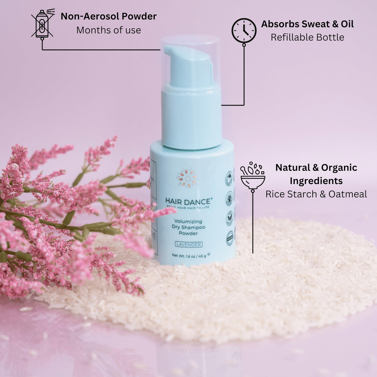 Hair Dance powder texture close-up highlighting oil-absorbing benefit
