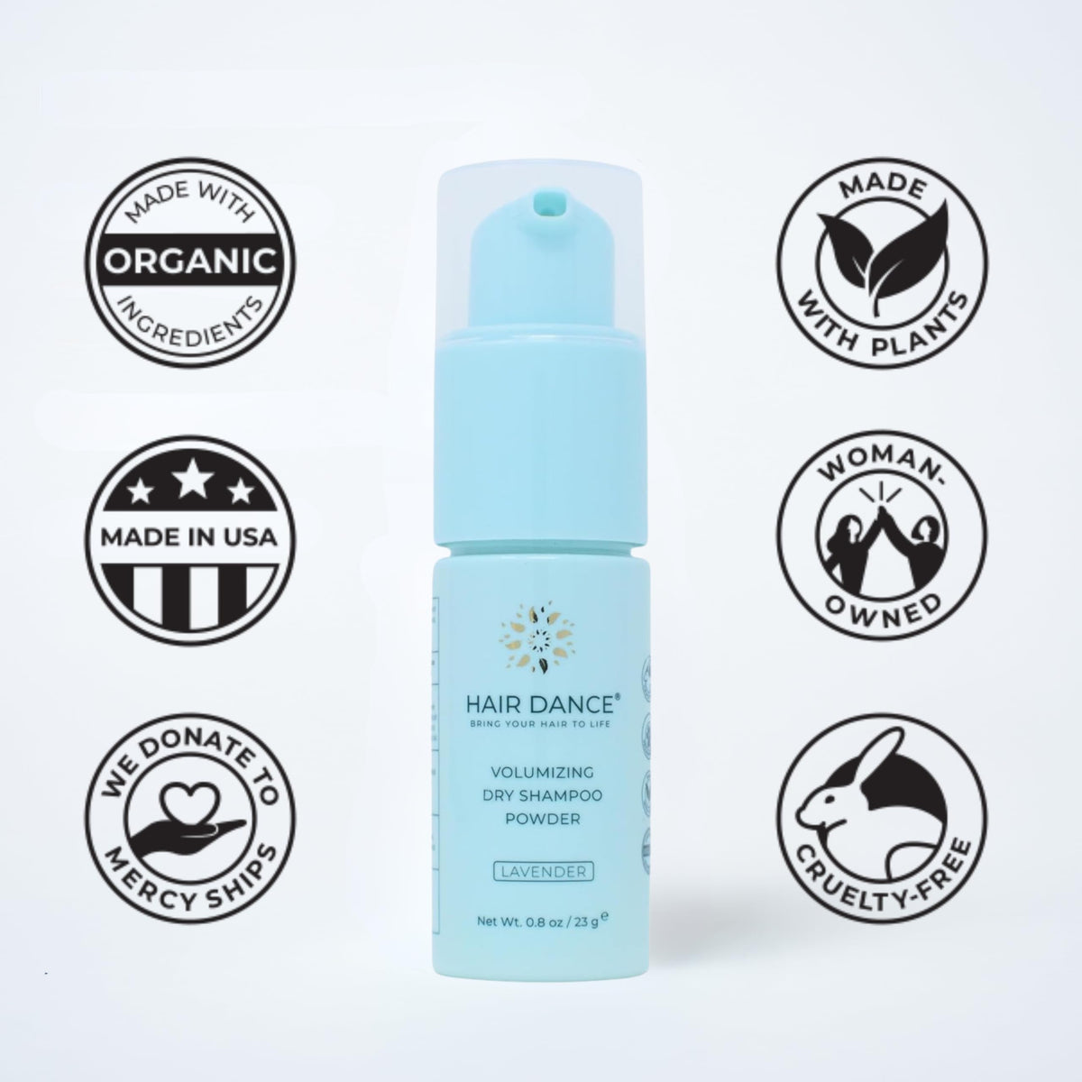 Hair Dance label and ingredients list showing natural, talc-free benefits