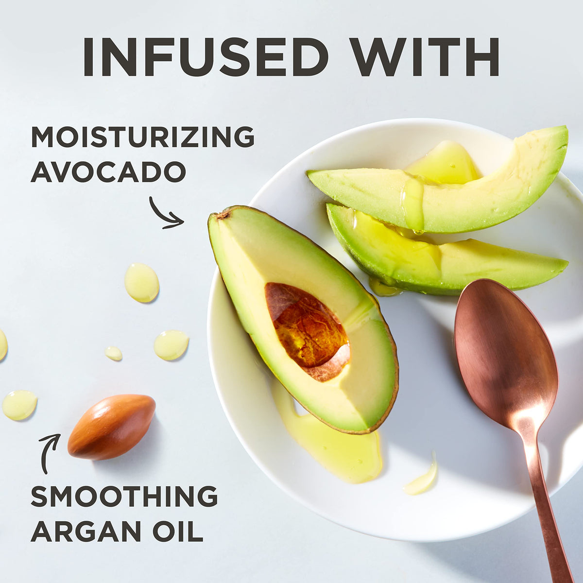 Hair Food shampoo with avocado and argan visuals highlighting natural oil softening benefit