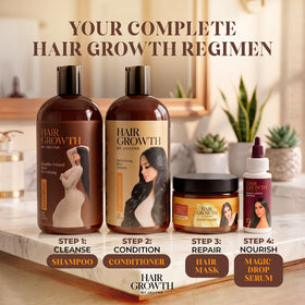 Bottle next to common objects for scale to show actual size of Hair Growth by Jailyne Ojeda shampoo