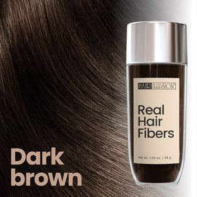 Hair Illusion 38g fiber bottle brown label displaying product and natural blending benefit