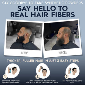 Applying Hair Illusion black fibers to scalp for immediate thicker-looking hair