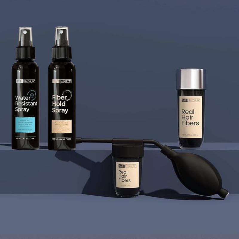 Hair Illusion black bottle front showing fibers and clear labeling for natural coverage