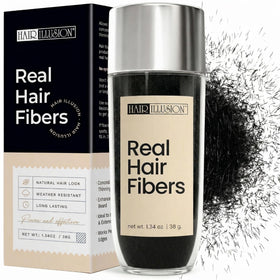 Hair Illusion jar front view showing black fibers and clear benefit of natural coverage