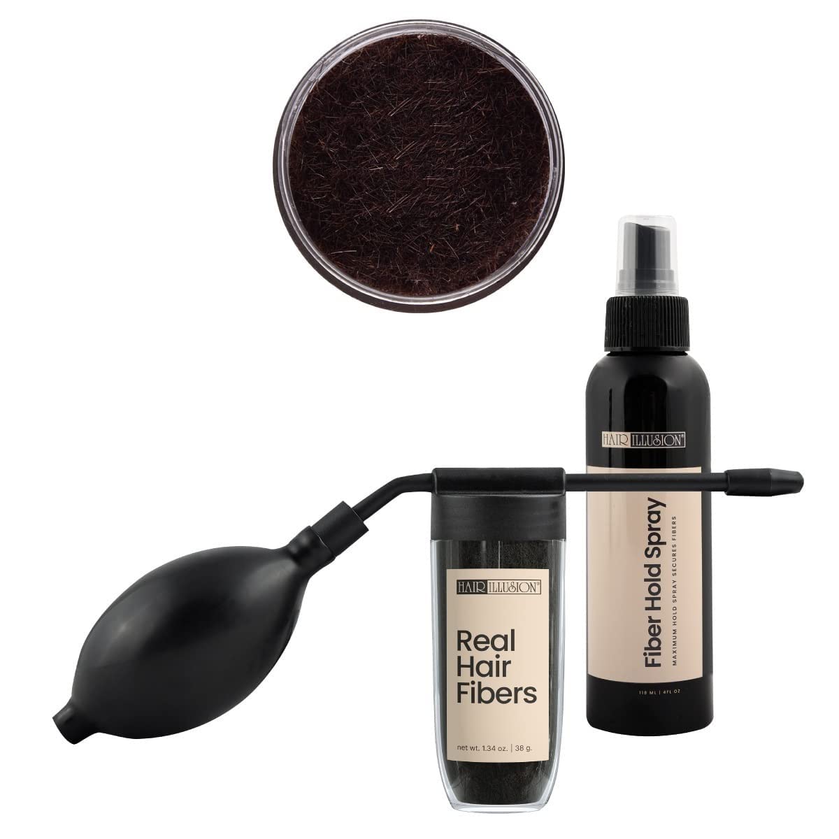 Hair Illusion front packaging showing kit contents and brown fibers benefit instant fullness