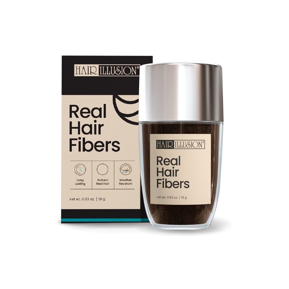 Hair Illusion front packaging showing dark brown fibers and product name benefits