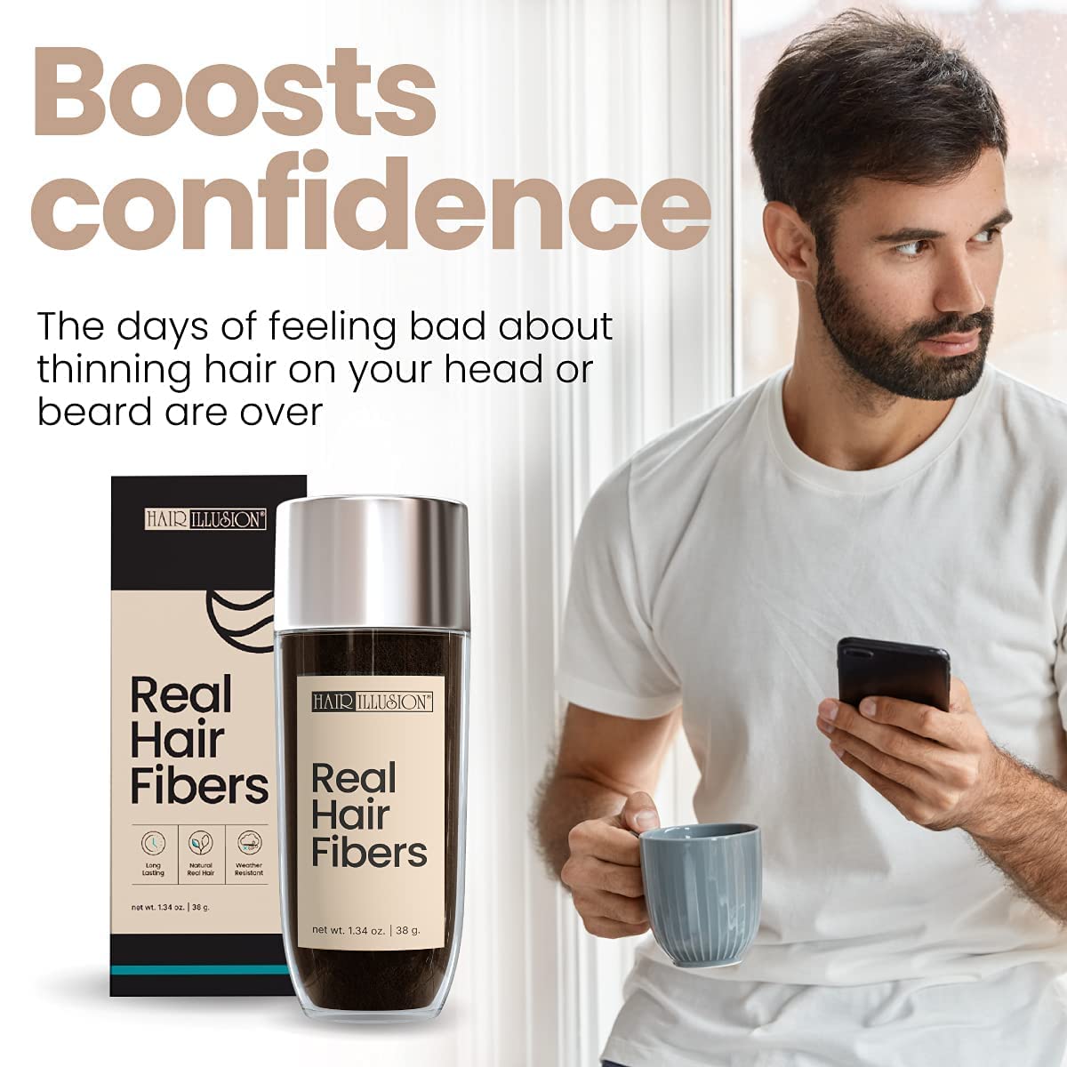 Hair Illusion open bottle spilling natural hair fibers for easy application