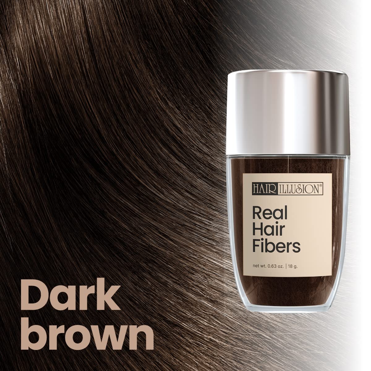 Hair Illusion loose dark brown fibers close-up showing natural human-hair texture