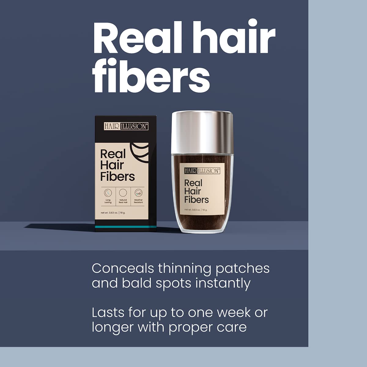 Hair Illusion fibers covering a bald spot close-up showing discrete concealment