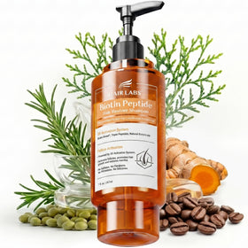 Hair Labs front bottle showing product and clear labeling, highlights benefits