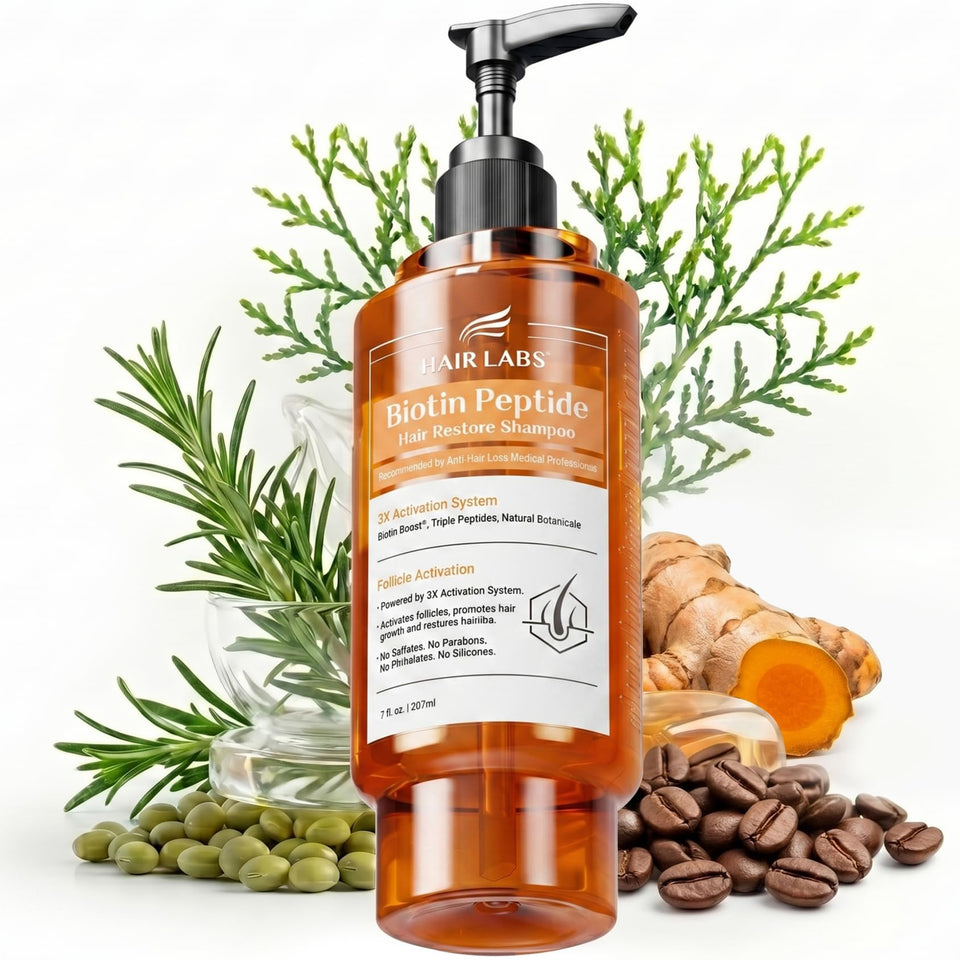 Hair Labs front bottle showing product and clear labeling, highlights benefits