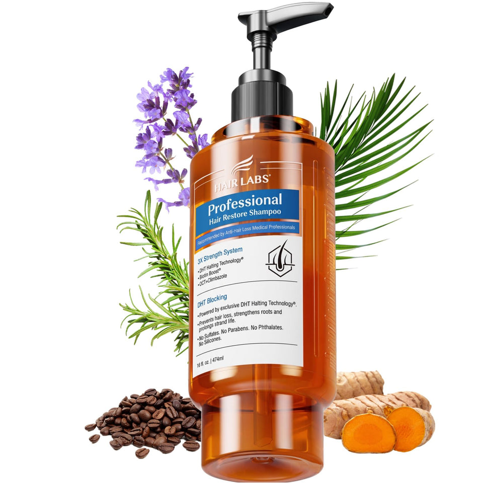 Hair Labs front bottle view showing label and benefit of DHT support