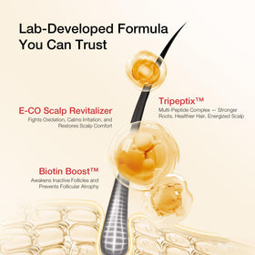 Hair Labs label close-up with ingredients list visible to show formulation benefits