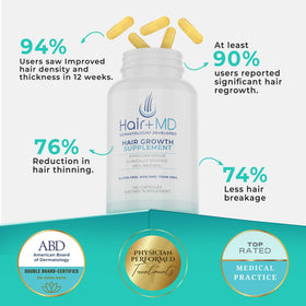 Hair Plus MD bottle close-up with clear label, emphasizes dermatologist-developed trust