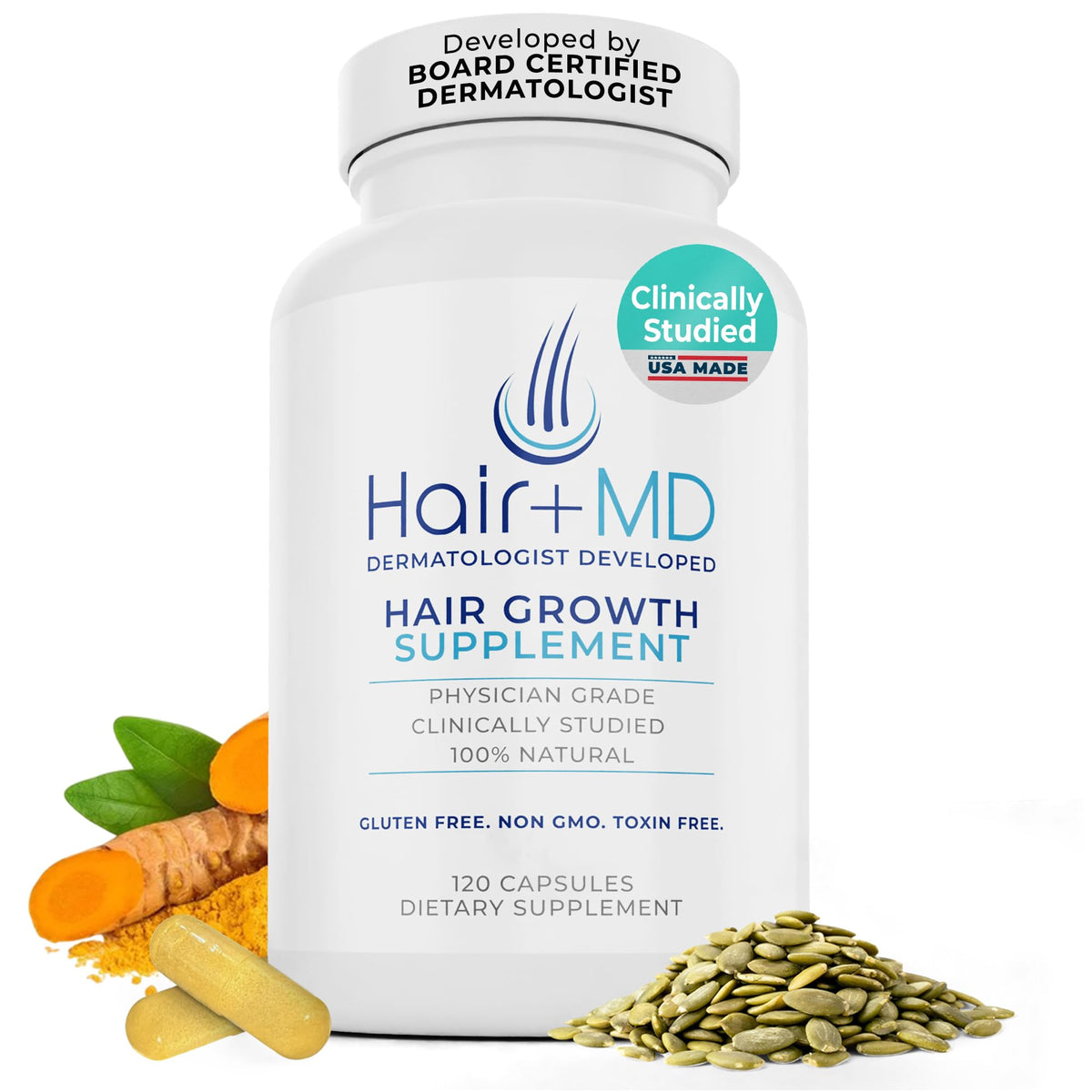 Hair Plus MD front packaging showing bottle and box, highlights clean formulation benefits