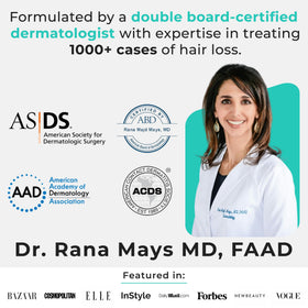 Hair Plus MD bottle on bathroom counter by mirror, suggests daily routine integration benefit