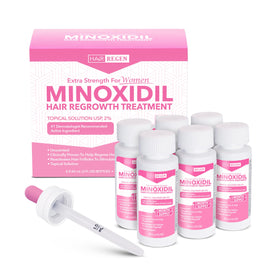 Hair Regen front packaging showing six 2% minoxidil bottles for convenient supply