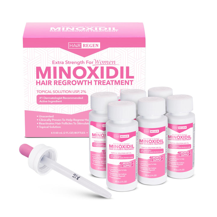 Hair Regen front packaging showing six 2% minoxidil bottles for convenient supply
