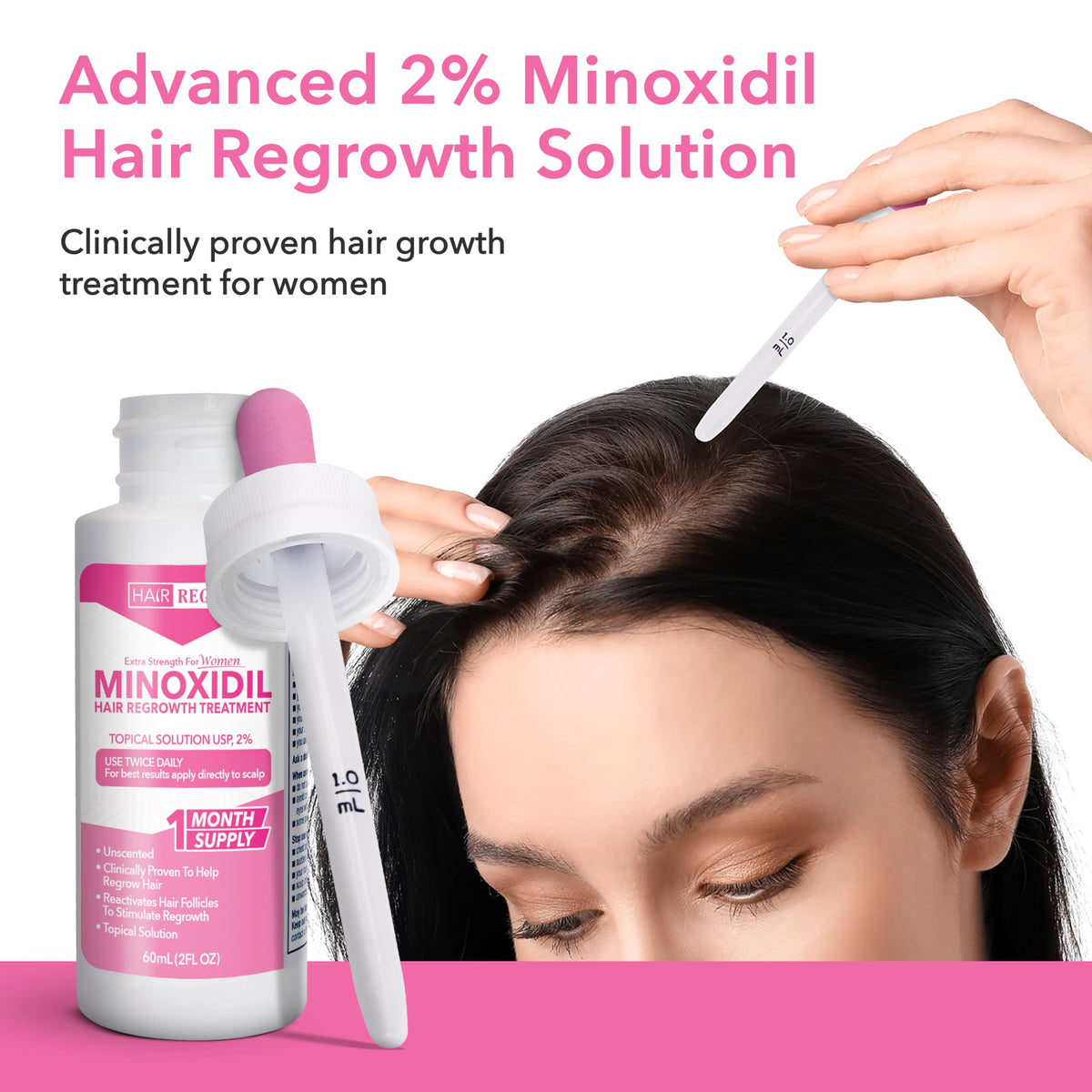 Hair Regen solution texture pouring from dropper to show fast-absorbing liquid