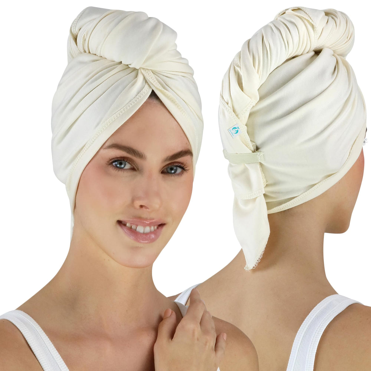 Hair RePear front view of greige towel showing clean packaging and gentle fabric benefit