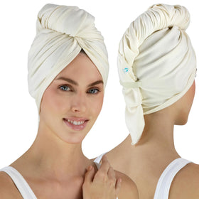Hair RePear front view of greige towel showing clean packaging and gentle fabric benefit